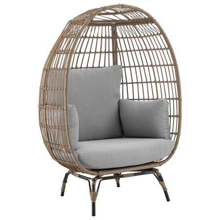 Manhattan Comfort Spezia Freestanding Steel and Rattan Outdoor Egg Chair with Cushions in Grey OD-HC002-GY